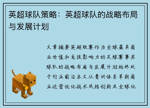 英超球队策略：英超球队的战略布局与发展计划